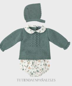 Conjunto 3 piezas con capota punto lana con tela BOSQUE musgo