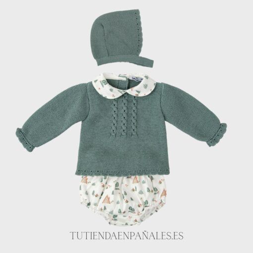 Conjunto 3 piezas con capota punto lana con tela BOSQUE musgo