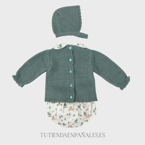 Conjunto 3 piezas con capota punto lana con tela BOSQUE musgo - Imagen 3