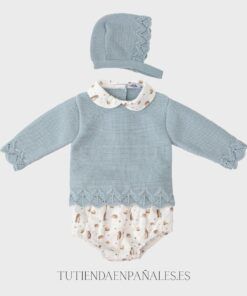 Conjunto 3 piezas con capota punto lana con tela ERIZO celeste