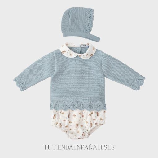 Conjunto 3 piezas con capota punto lana con tela ERIZO celeste