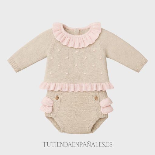 Conjunto de lana de 2 piezas VOLANTES arena/rosa