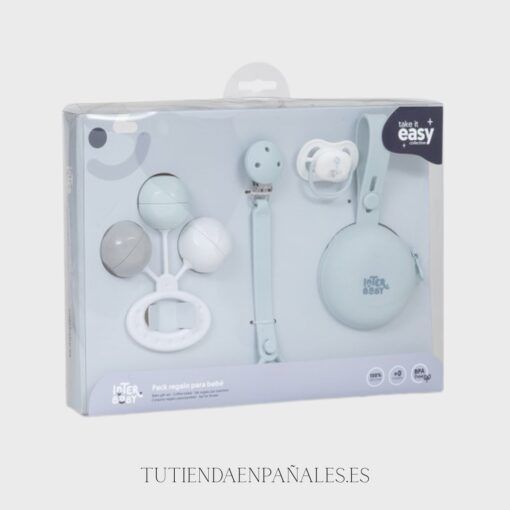 Set 4 piezas SILICONA chupetero+porta+chupete y sonajero