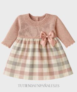 Vestido combinado tela lana CUADROS rosa empolvado