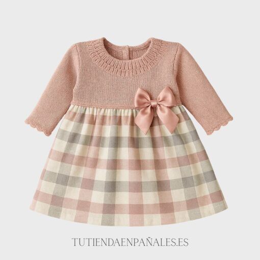 Vestido combinado tela lana CUADROS rosa empolvado