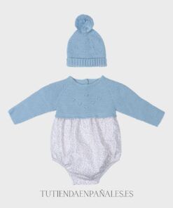 Pelele combinado punto lana tela LIBERTY celeste con gorro