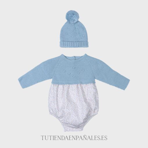Pelele combinado punto lana tela LIBERTY celeste con gorro