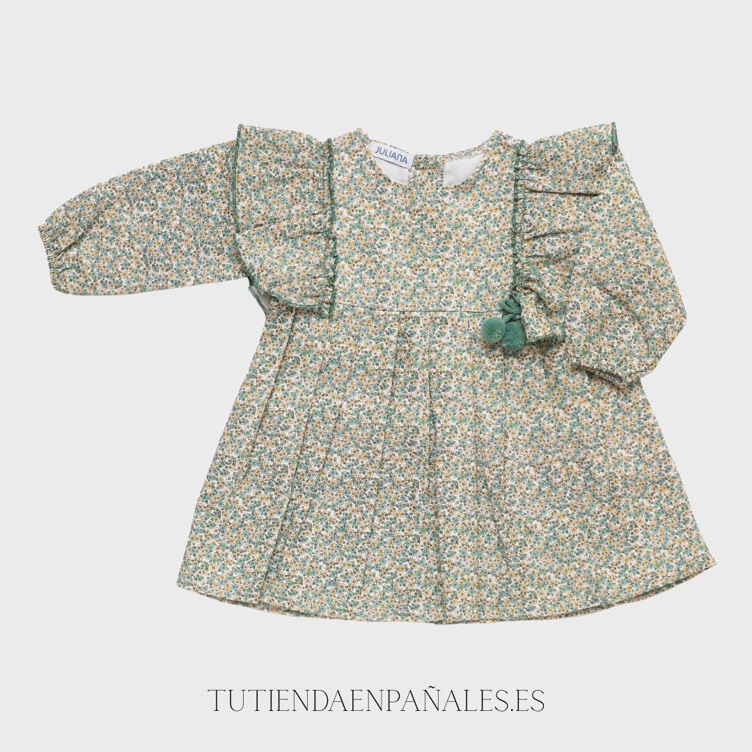 Vestido VOLANTE FLORES LAZO POMPONES Juliana