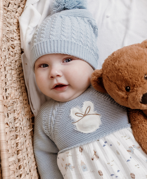 Pelele punto lana con gorro pompón CONEJITO azul - Imagen 3