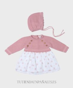 Vestido punto tela con capota CONEJITOS rosa empolvado