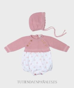Pelele punto tela con capota CONEJITOS rosa empolvado