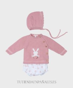 Conjunto punto tela con capota CONEJITOS rosa empolvado