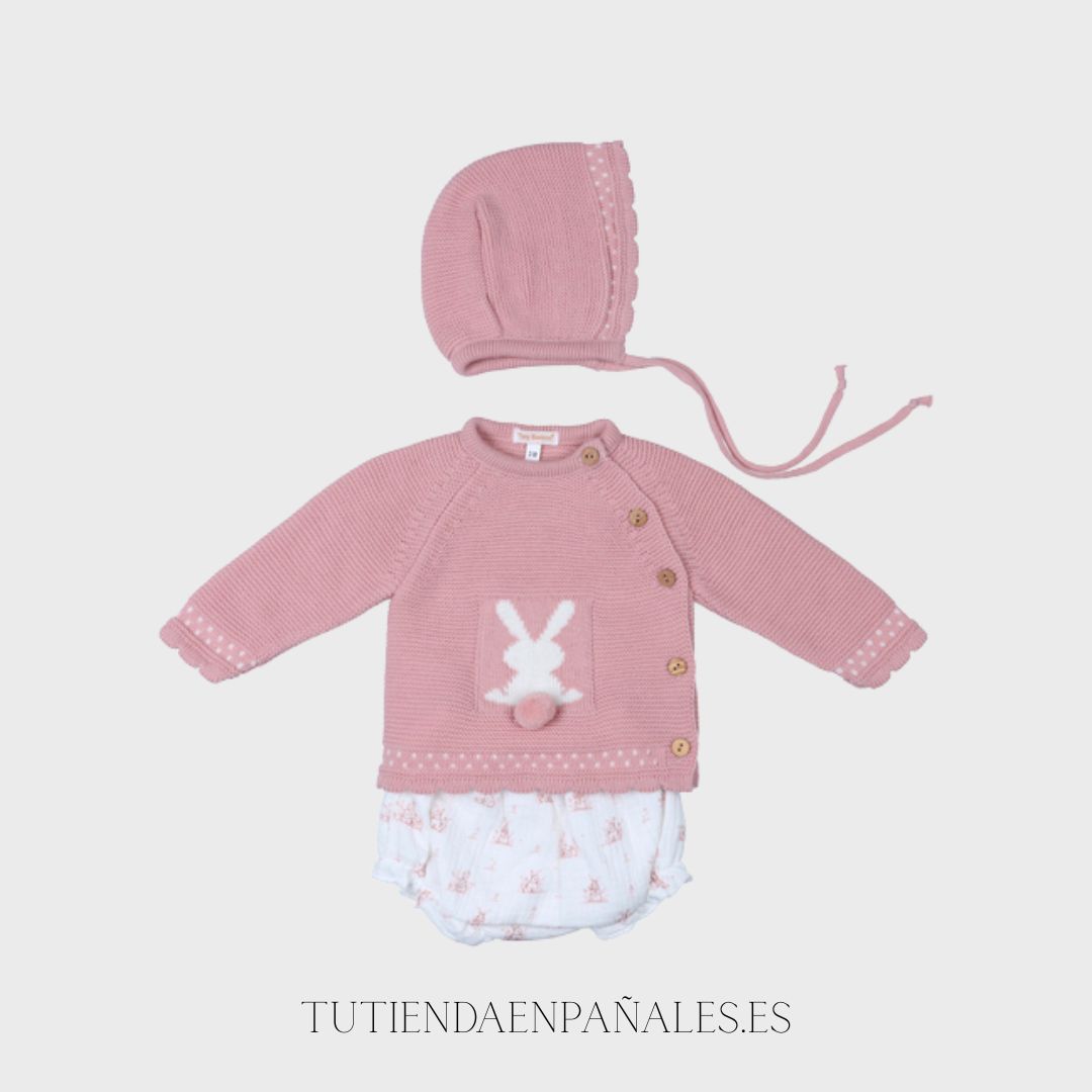Conjunto punto tela con capota CONEJITOS rosa empolvado