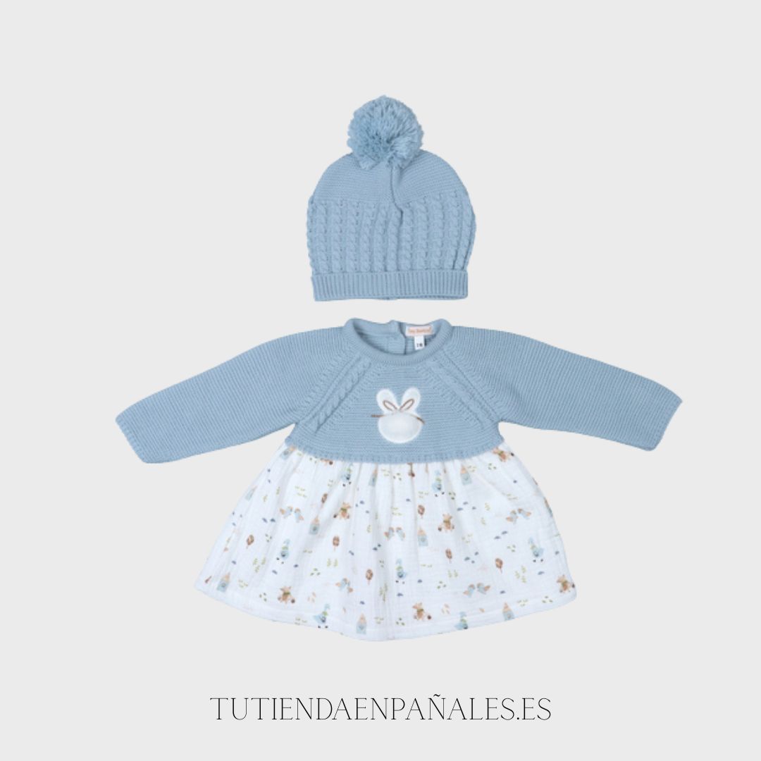 Vestido punto tela con gorro CONEJITO azul