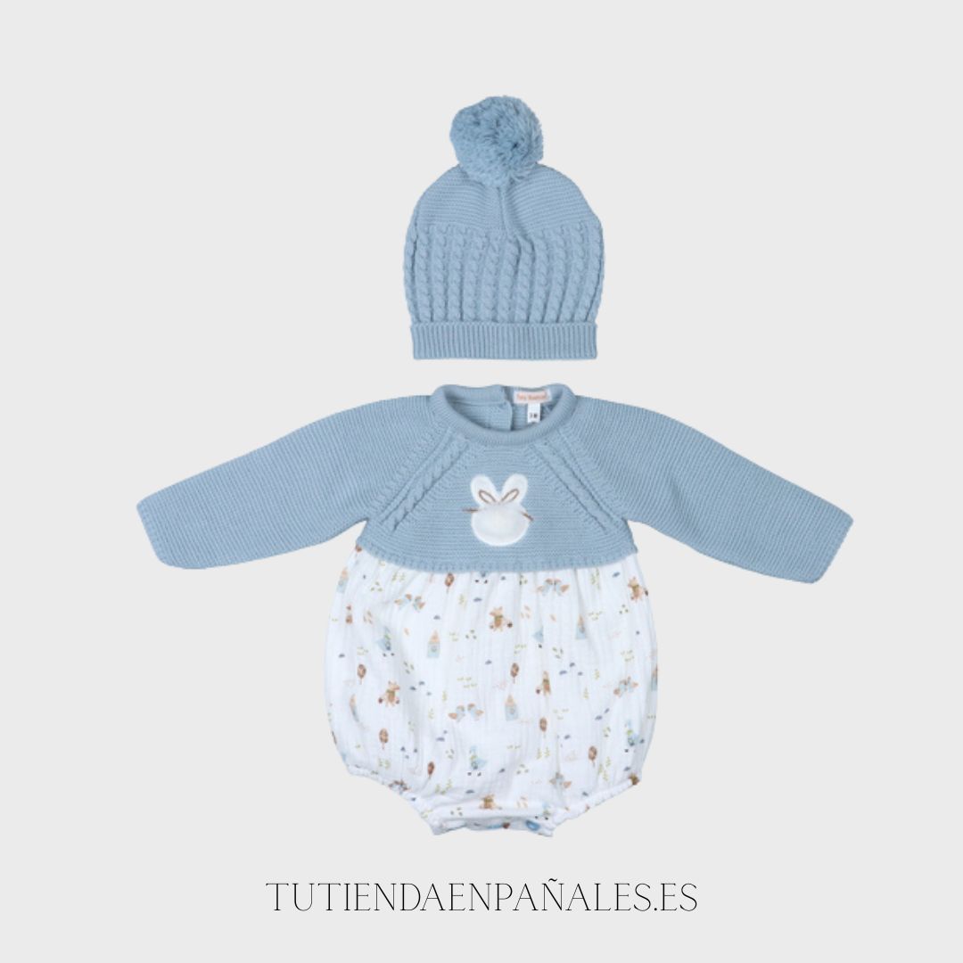 Pelele punto tela con gorro CONEJITO azul