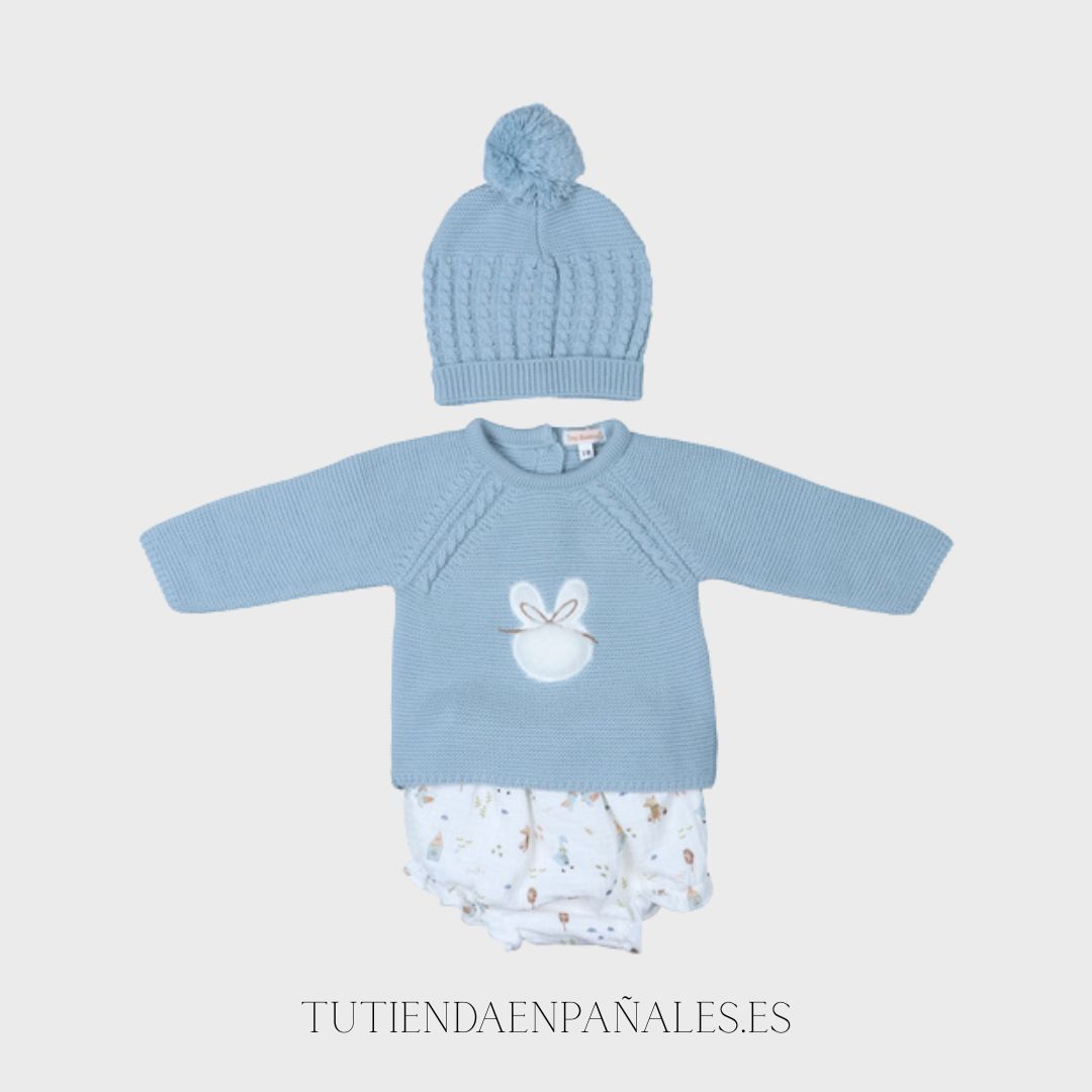 Conjunto punto lana con gorro CONEJITO azul