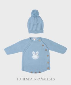 Pelele punto lana con gorro pompón CONEJITO azul