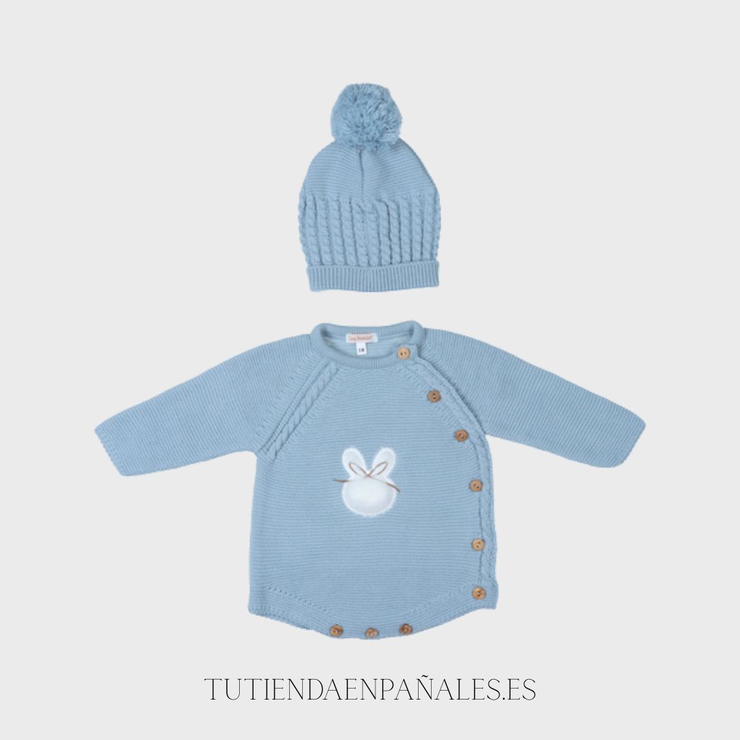 Pelele punto lana con gorro pompón CONEJITO azul
