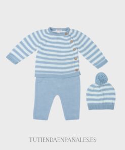 Conjunto3 piezas lana con gorro RAYADO azul