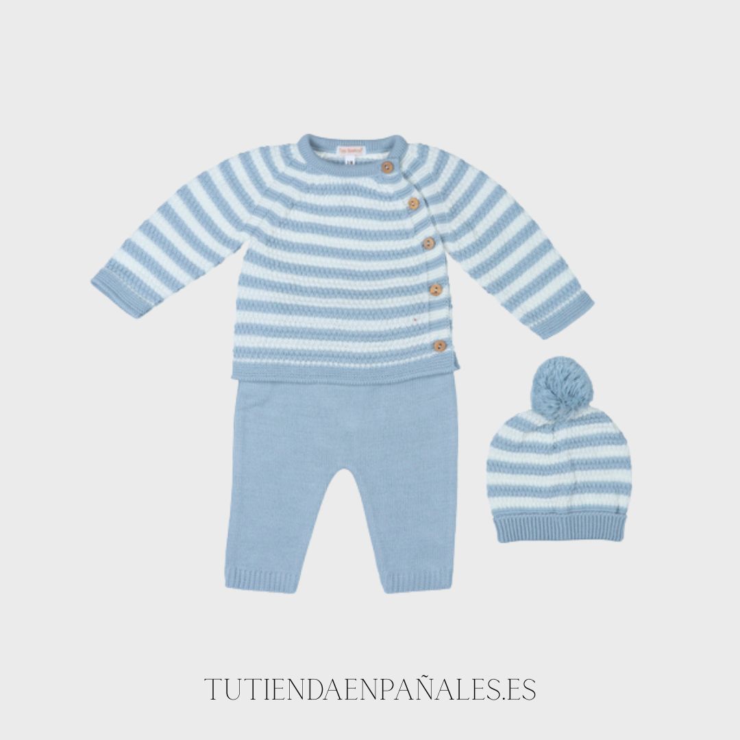Conjunto3 piezas lana con gorro RAYADO azul
